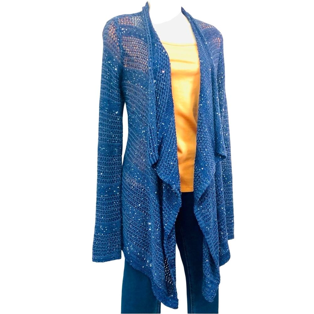 INC International Concepts Denim Blue Sparkle Sweater Waterfall Open Front